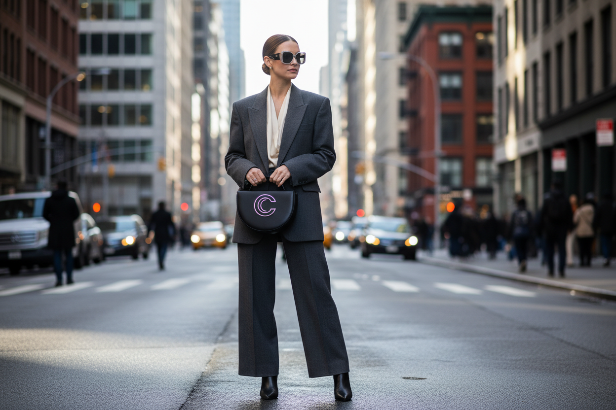 A lady standing on street having black color half moon in shape purse. purse have halfmoon logo.