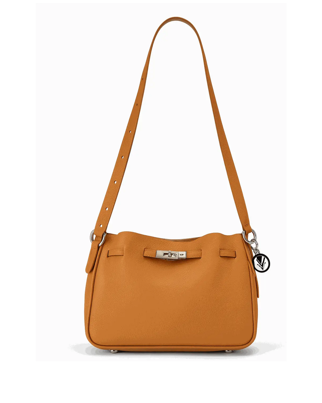 Brown handbag with a strap on a white background