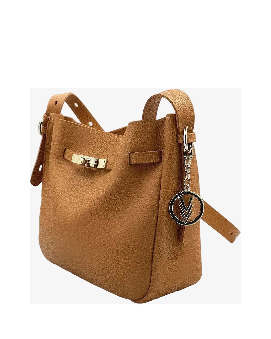 Brown leather handbag with gold clasp and keychain on a white background