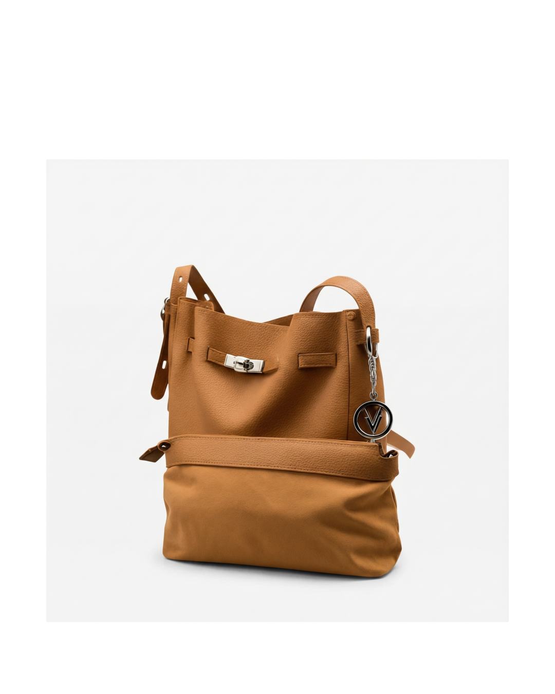 Brown leather backpack with a keychain on a white background